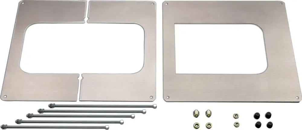Mauerkastenzubehör von Bosch, bestehend aus zwei Metallplatten, mehreren Verbindungselementen und Schrauben zur Montage an Wandoberflächen.
